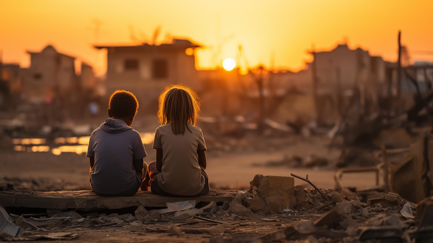 أطفال يتطلعون نحو أفق المجتمع عند الغروب